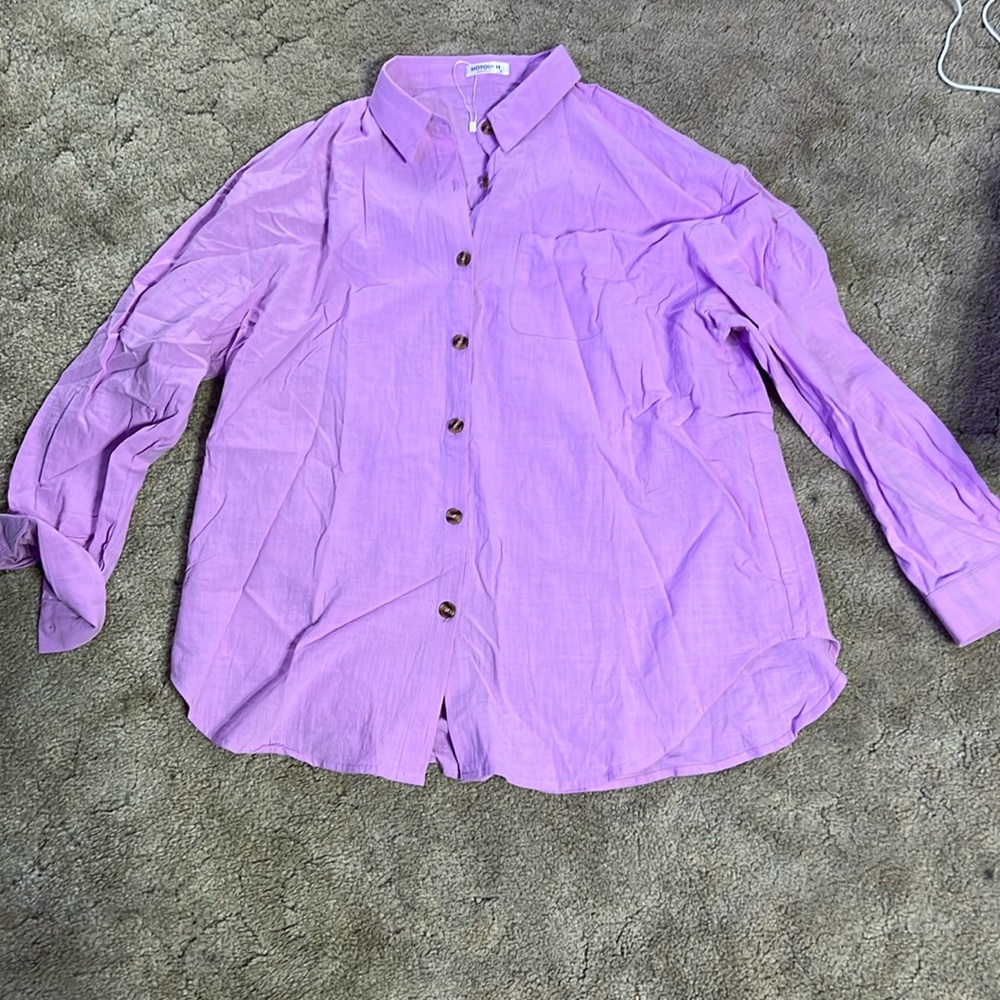 BNWOT women’s HOTOUCH lavender cotton button up shirt size xl